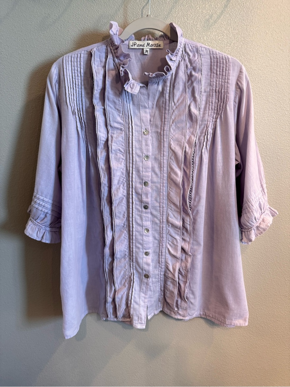 JP and Mattie Lavender Ruffle-Trim Button Front Blouse